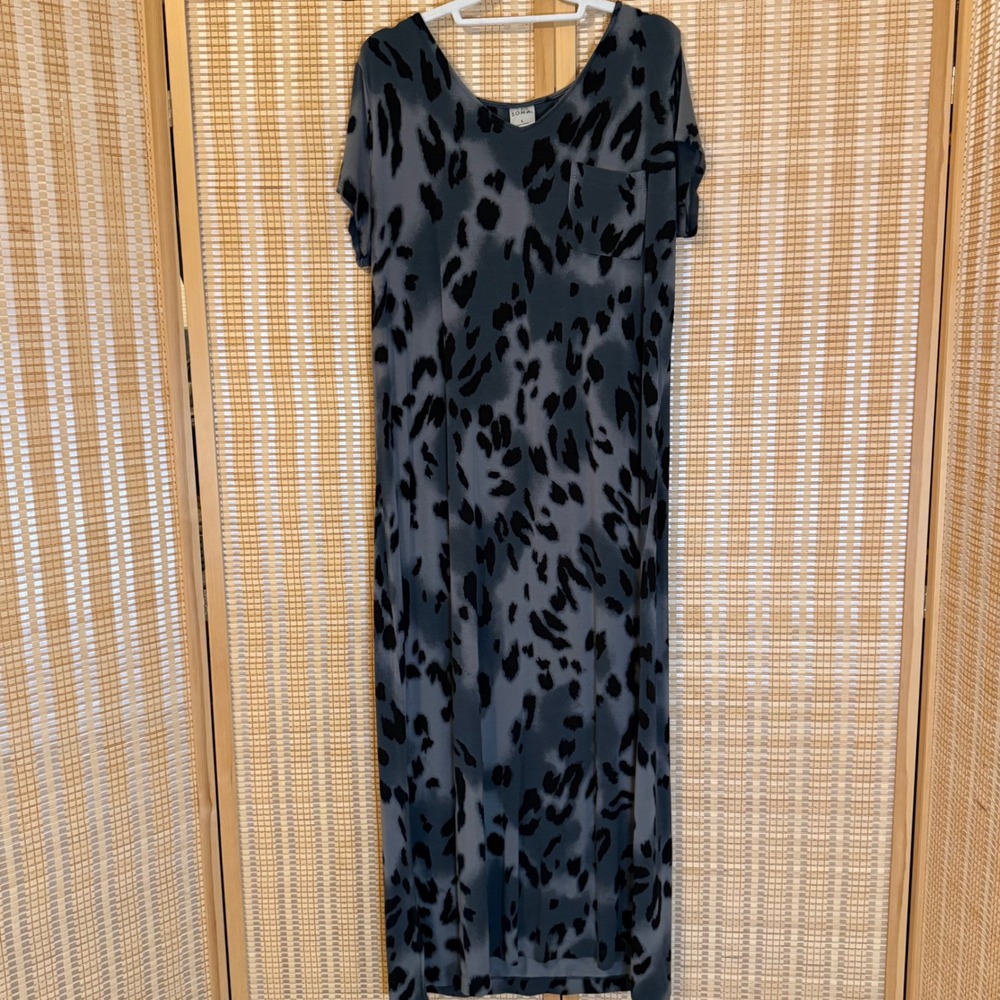 Soma Cool Nights Leopard Print Maxi Nightgown Grey Black V-Neck Pocket Large